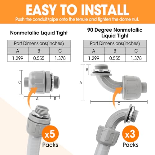 YesBes 100FT Liquid-Tight Conduit and Connector Kit, 1/2 Flexible Non Metallic Electrical Conduit with 5 Straight and 3 Angle Fittings, PVC Conduit - Image 3