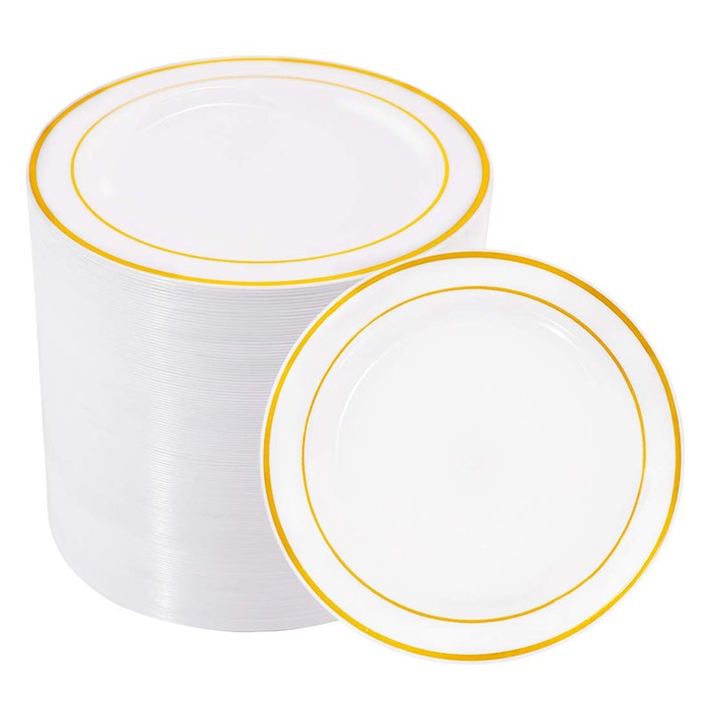 bUCLA 100Pieces Gold Plastic Plates  625inch White with Gold Rim Disposable SaladDessertAppetizerSmall Cake Plates Premium Hard  Ideal for Wedding  Party