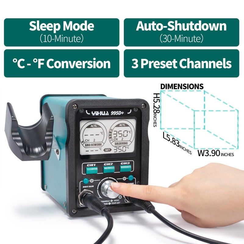 YIHUA 995D+ EVO Soldering Hot Air Station Kit 2-IN-1 110W Soldering Iron with LCD Display, Power Meter, Preset Channels, Sleep Mode, Â°C-Â°F Conversion, Automatic Shutdown Functions - Image 3