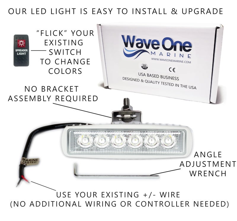 Wave One Marine Dual Color LED Boat Spreader Light Deck Flood Beam Stainless Hardware & Bracket IP68 Waterproof Multicolor Bright High Lumen Output (White Housing, White & Blue) - Image 2