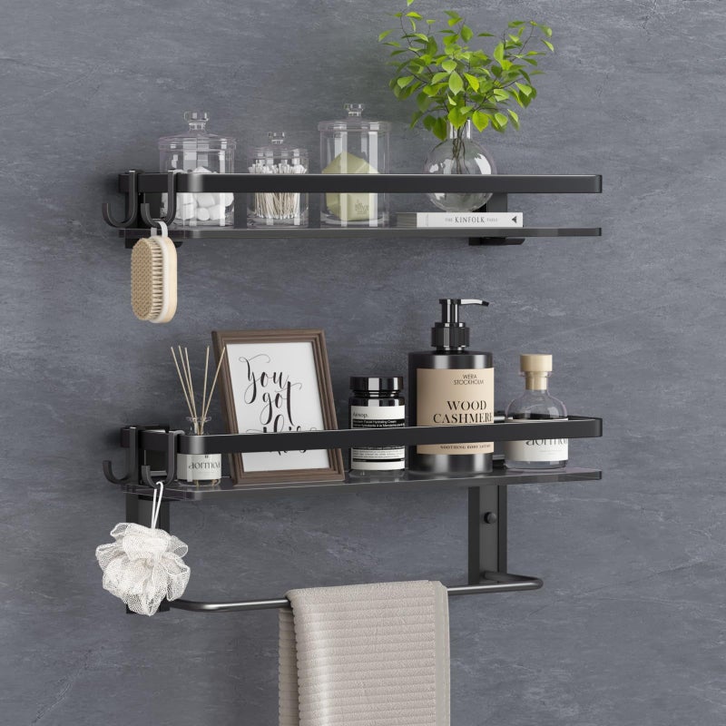 VOLPONE Glass Shelf for Bathroom 157 in Black Bathroom Shelves Wall Mounted Tempered Glass Shelving with 4 Removable Hooks 2 Tier