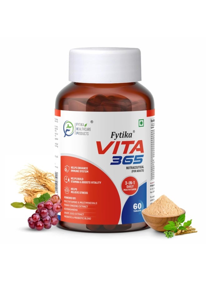 FYTIKA Vita 365-60 Tablets (Pack of 1) | Multivitamin For Men and Women | With Ashwagandha, Ginseng, Probiotics & Prebiotics and Biotin| Enhances Energy, Immunity and Digestion - Image 1