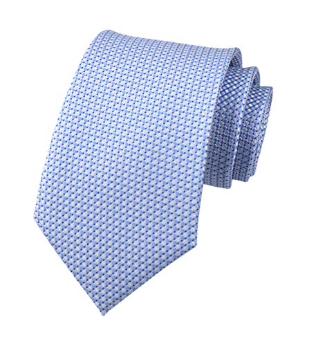 Elfeves Light Blue White Silk Tie Mini Check Design Necktie Valentines Gifts for Men Guy Boys - Image 4