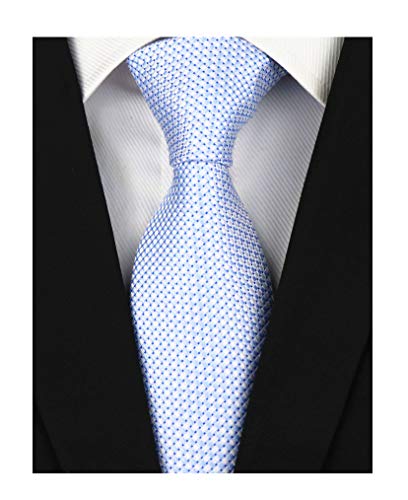 Elfeves Light Blue White Silk Tie Mini Check Design Necktie Valentines Gifts for Men Guy Boys - Image 2