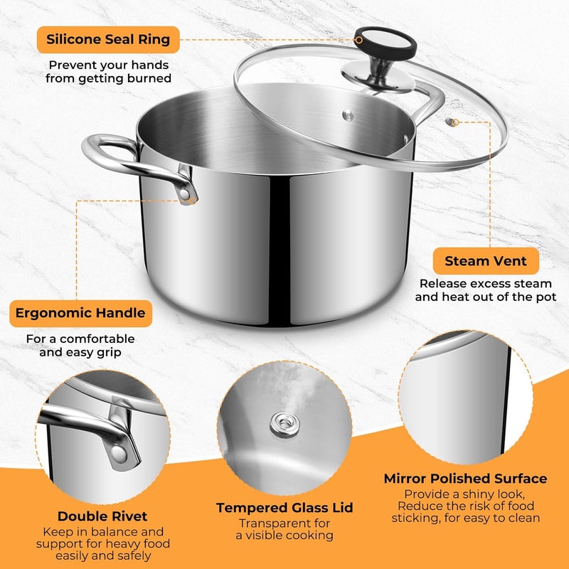 EWFEN Tri-Ply Stainless Steel Stock Pot, 6.5 Quart Heavy Duty Induction Cooking Pot with Visible Lid for Pasta, Soup, Spaghetti, Sturdy & Double Handle, Dishwasher Safe - Image 4