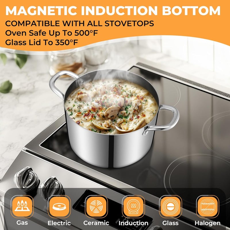 EWFEN Tri-Ply Stainless Steel Stock Pot, 6.5 Quart Heavy Duty Induction Cooking Pot with Visible Lid for Pasta, Soup, Spaghetti, Sturdy & Double Handle, Dishwasher Safe - Image 3