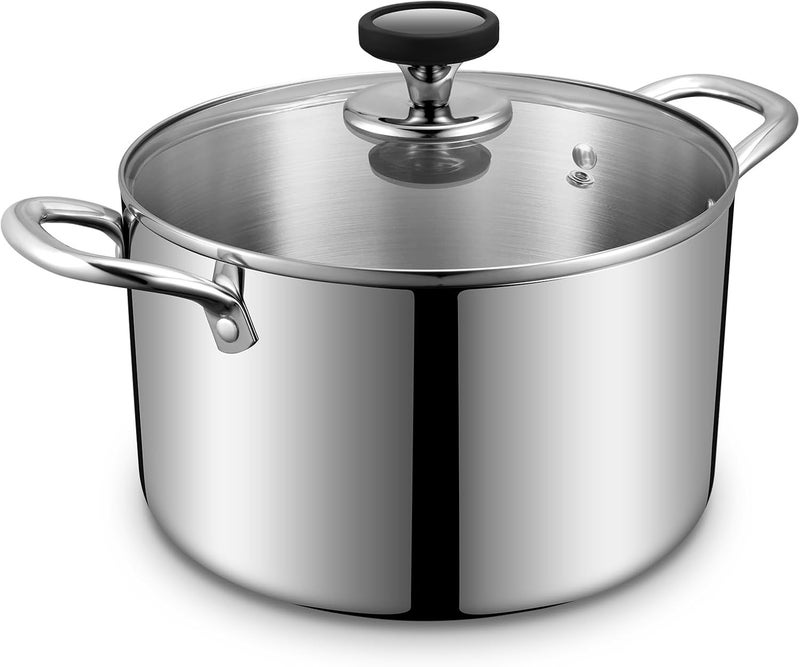 EWFEN Tri-Ply Stainless Steel Stock Pot, 6.5 Quart Heavy Duty Induction Cooking Pot with Visible Lid for Pasta, Soup, Spaghetti, Sturdy & Double Handle, Dishwasher Safe - Image 1