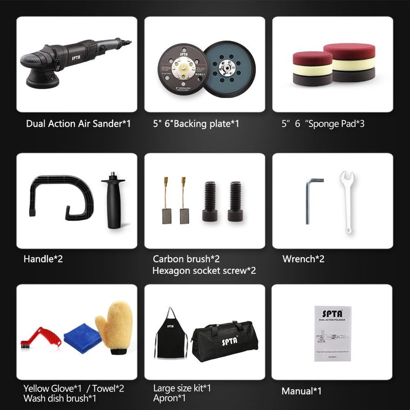 SPTA مPolisher Buffer، 5 إنش 125 مم جهاز تلميع دوار مزدوج الحركة، مجموعة تلميع السيارات، 4 قطع 5 إنش و 4 قطع 6 إنش وسادة تلميع، حقيبة تعبئة لتلميع السيارات والشمع--DAPSET-US - Image 2