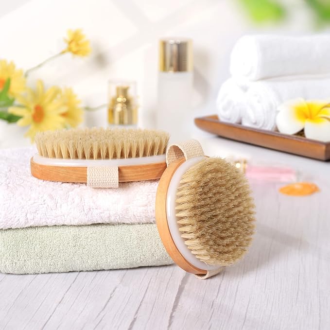 2pcs Body Brush Dry Brushing Body Brush for Lymphatic Drainage Exfoliating Shower Bath Brush Set Natural Wood Bristle 2 Sizes Round 105CM Oval 13x65CM