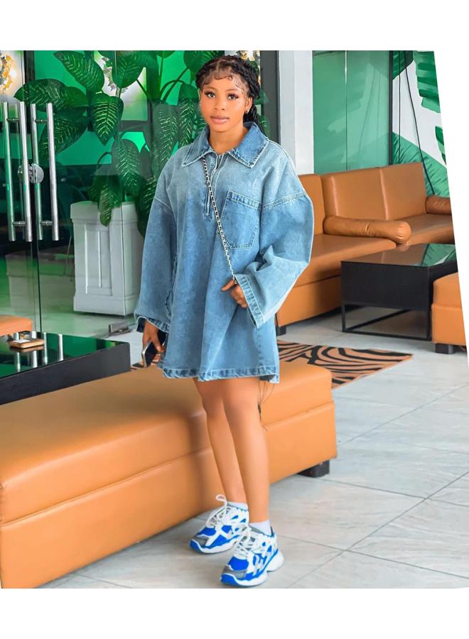 European And American Women's Dress Spring And Summer Women's Fashion Lapel Loose Fashion Denim Skirt