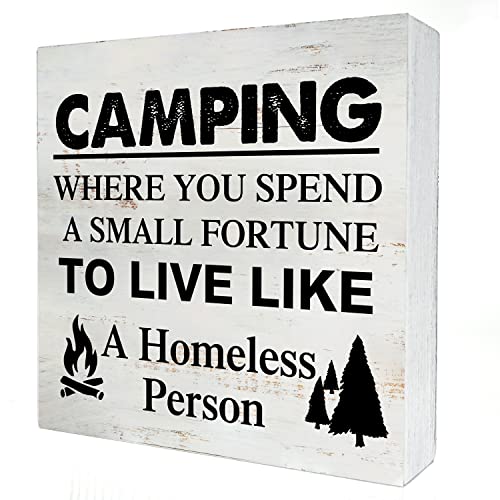 Yigaue Camping Where You Spend a Small Fortune Wooden Box Sign - 5 x 5 Inch Desk Decor for Travel Trailer Camper - Rustic Wood Block Decor - Image 1