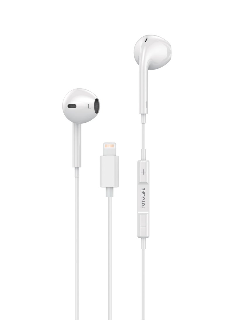 Totulife FAME Series Lightning In-ear Wired Earphones with Mic, Non Destructive Stereo Sound Quality, Comfortable Ear cavity- White - Image 1