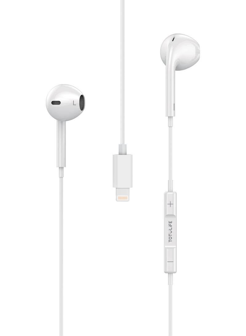 Totulife FAME Series Lightning In-ear Wired Earphones with Mic, Non Destructive Stereo Sound Quality, Comfortable Ear cavity- White - Image 2