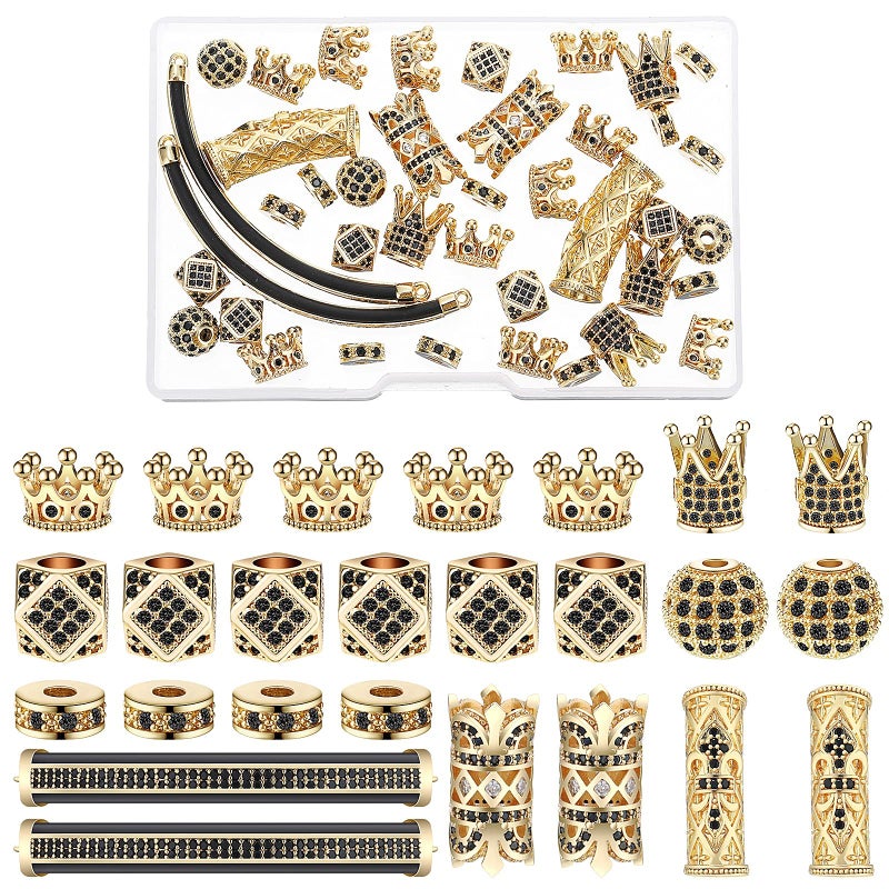 King Crown 40pc Round Zircon Rhinestone Beads Tube  Cubic Zirconia Diamond Cut Cube Spacer Beads for Jewelry Making Bracelet Connector DIY Gold Black Rhinestone