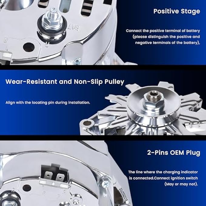 E-Shin 1 Wire Alternator Chromed Self-Exciting Compatible with GM 305 350 BBC SBC Replace ADR0335-C 40012395 7127-SE105C 7127SECN100A - Image 4