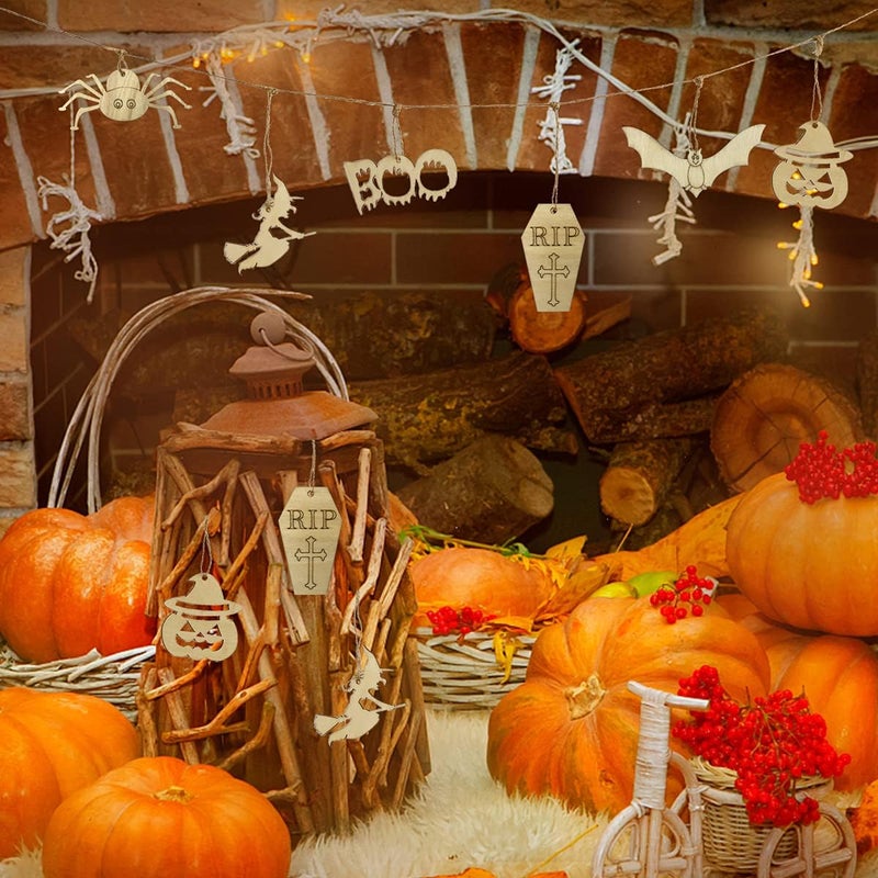 Antitoy 60 PCS Wooden Slices Hanging Ornaments Halloween Crafts for Kids DIY Decorations Indoor Party Supplies - Image 2