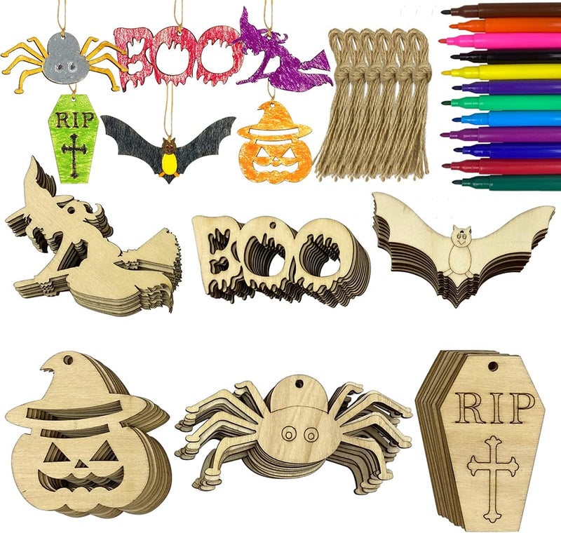 Antitoy 60 PCS Wooden Slices Hanging Ornaments Halloween Crafts for Kids DIY Decorations Indoor Party Supplies - Image 1
