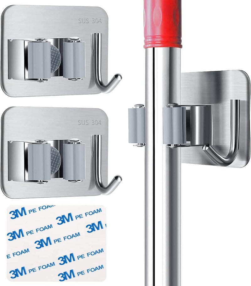 Boniry Adhesive Mop Holder and Broom Holder Wall Mounted Steel | Broom Stick Holder Wall Mounted for Home No Drilling (2, Silver) - Image 1