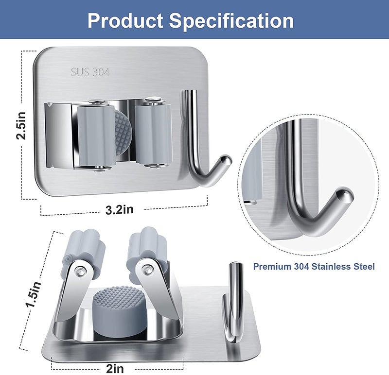 Boniry Adhesive Mop Holder and Broom Holder Wall Mounted Steel | Broom Stick Holder Wall Mounted for Home No Drilling (2, Silver) - Image 4