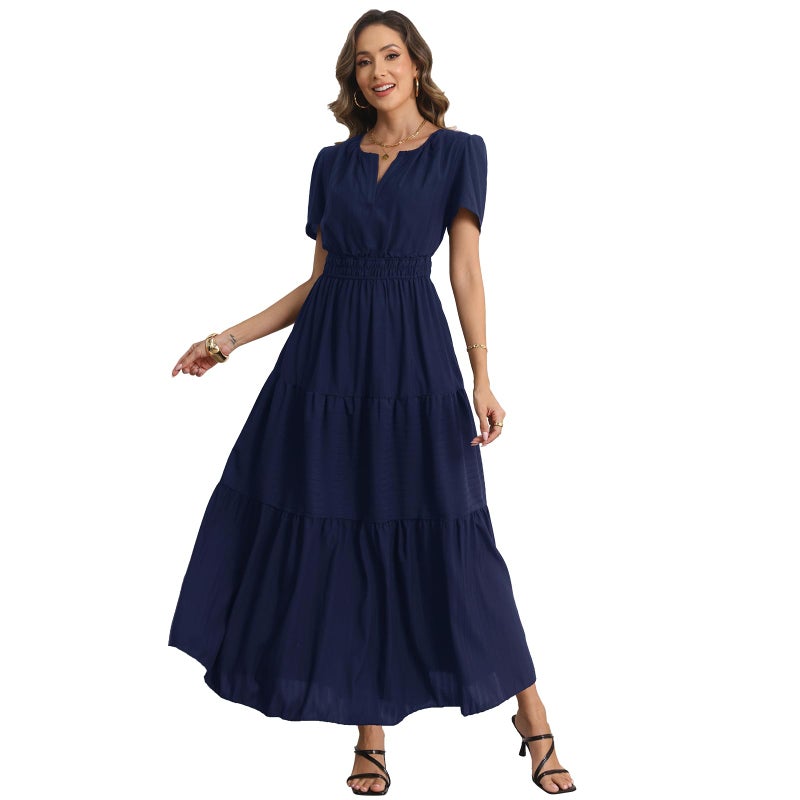 Rainday Womens Casual Maxi Dresses Fashion Holiday Short Sleeved Elastic Waist Beach Boho Dress with Pockets(Z3918SBU,XL) - Image 2