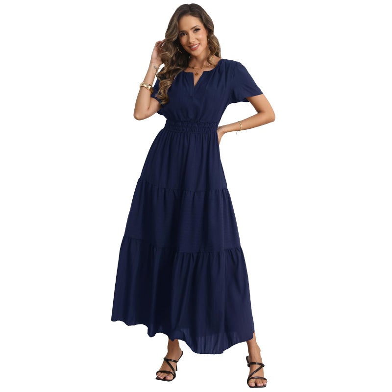 Rainday Womens Casual Maxi Dresses Fashion Holiday Short Sleeved Elastic Waist Beach Boho Dress with Pockets(Z3918SBU,XL) - Image 3
