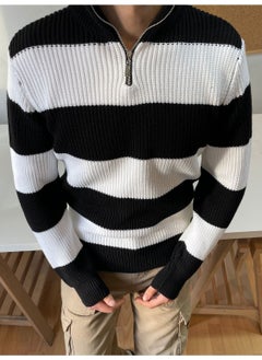 Cool Tarz Cool Style Black-White Zippered Striped Patterned Knitwear Sweater  - Image 1