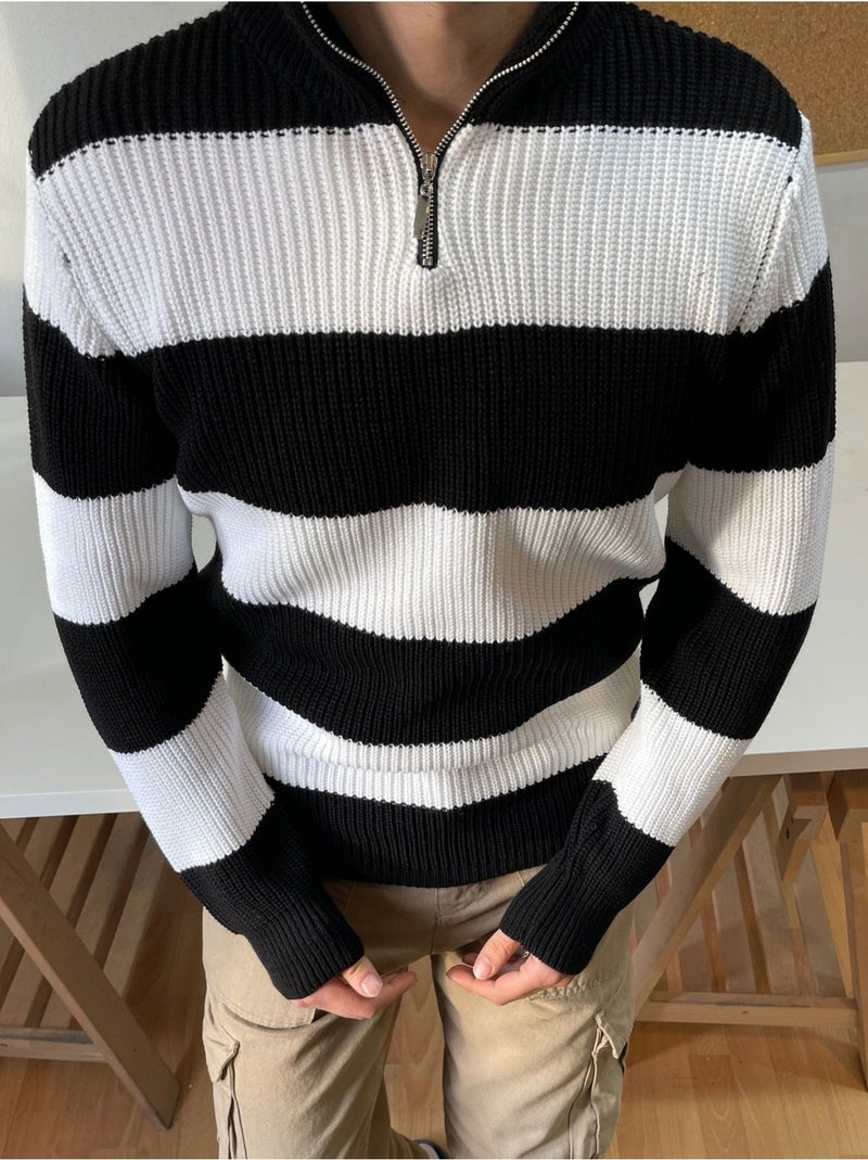 Cool Tarz Cool Style Black-White Zippered Striped Patterned Knitwear Sweater  - Image 1