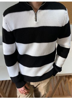Cool Tarz Cool Style Black-White Zippered Striped Patterned Knitwear Sweater  - Image 2