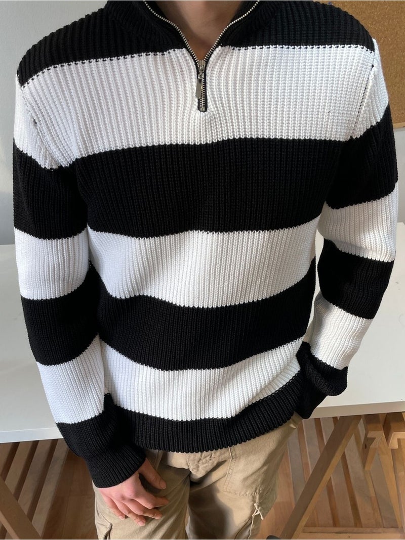 Cool Tarz Cool Style Black-White Zippered Striped Patterned Knitwear Sweater  - Image 2