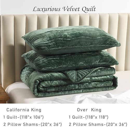 AJOCCI Velvet California King Size Quilt, Oversized California Comforter Set Emerald Green Bedding Set (118”*106”) with 2 Pillow Shams, Luxurious Quilt Set,All-Season 3 Pieces - Image 4