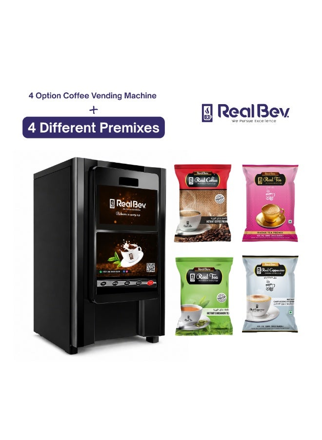 ريالبيف ماكينة بيع قهوة RealBev بأربعة خيارات مع عبوة خلطات جاهزة | تشمل قهوة سريعة التحضير، وقهوة الكرك، والهيل، والكابتشينو | موزع مشروبات ساخنة أوتوماتيكي للاستخدام المكتبي - Image 1