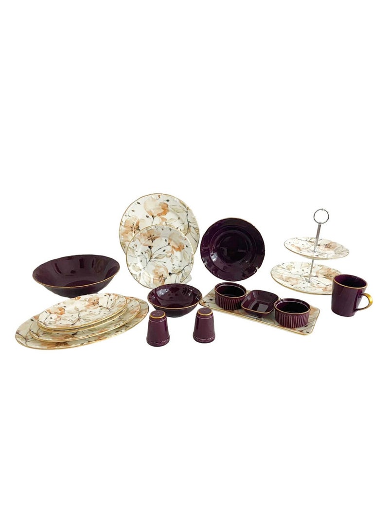 Turkish Porcelain Dinner Set – 43 Pieces : 6 large plates, 6 small plates, 6 deep large plates, 6 large soup bowls, 6 large coffee mugs, 3 serving plates in different sizes, 2-tier serving stand, 4-piece serving set, 2 fruit plates, 2 salt shakers, 1 large salad bowl.  - Image 2