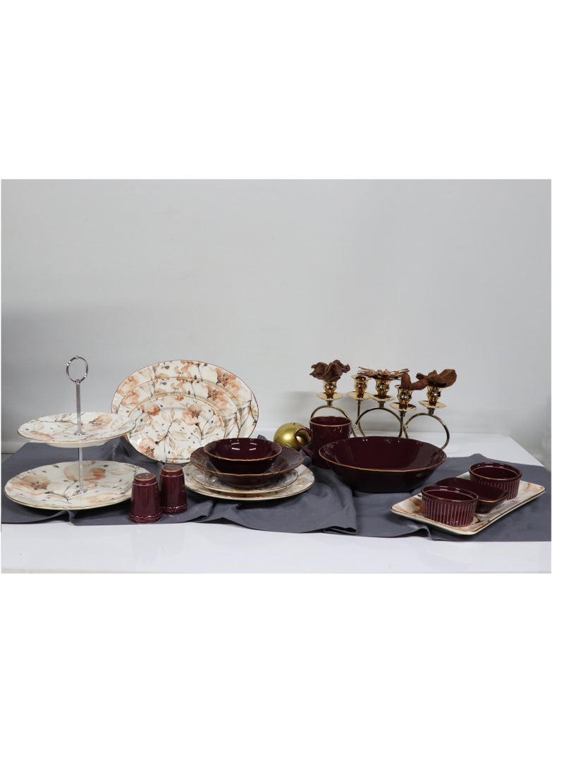 Turkish Porcelain Dinner Set – 43 Pieces : 6 large plates, 6 small plates, 6 deep large plates, 6 large soup bowls, 6 large coffee mugs, 3 serving plates in different sizes, 2-tier serving stand, 4-piece serving set, 2 fruit plates, 2 salt shakers, 1 large salad bowl.  - Image 3