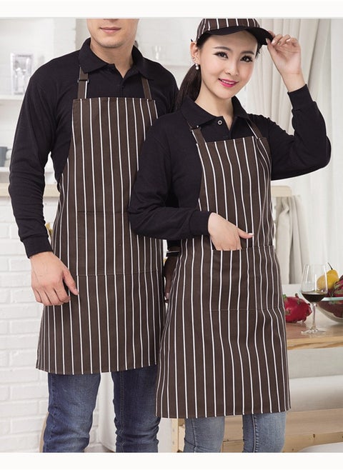 Striped Design Kitchen Apron 1PCS Chef Coffee Bib Apron with 2 Pocket Adjustable Neck Strap Waterproof Chef Apron Brown/White