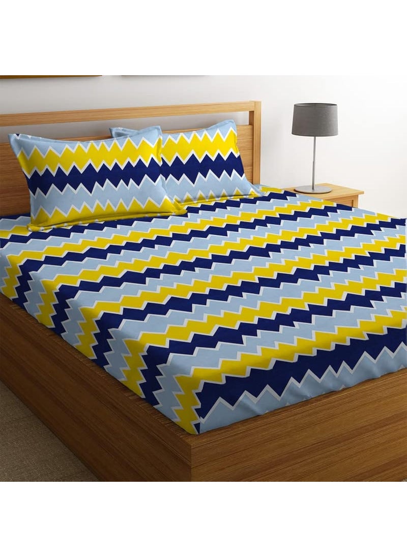 BSB HOME BSB HOME 100% Microfiber bedsheet for Double Bed with 2 Pillow Covers Breathable | Wrinklefree and Softtouch Zig-zag Print Sheet- Yellow & Blue  - Image 1