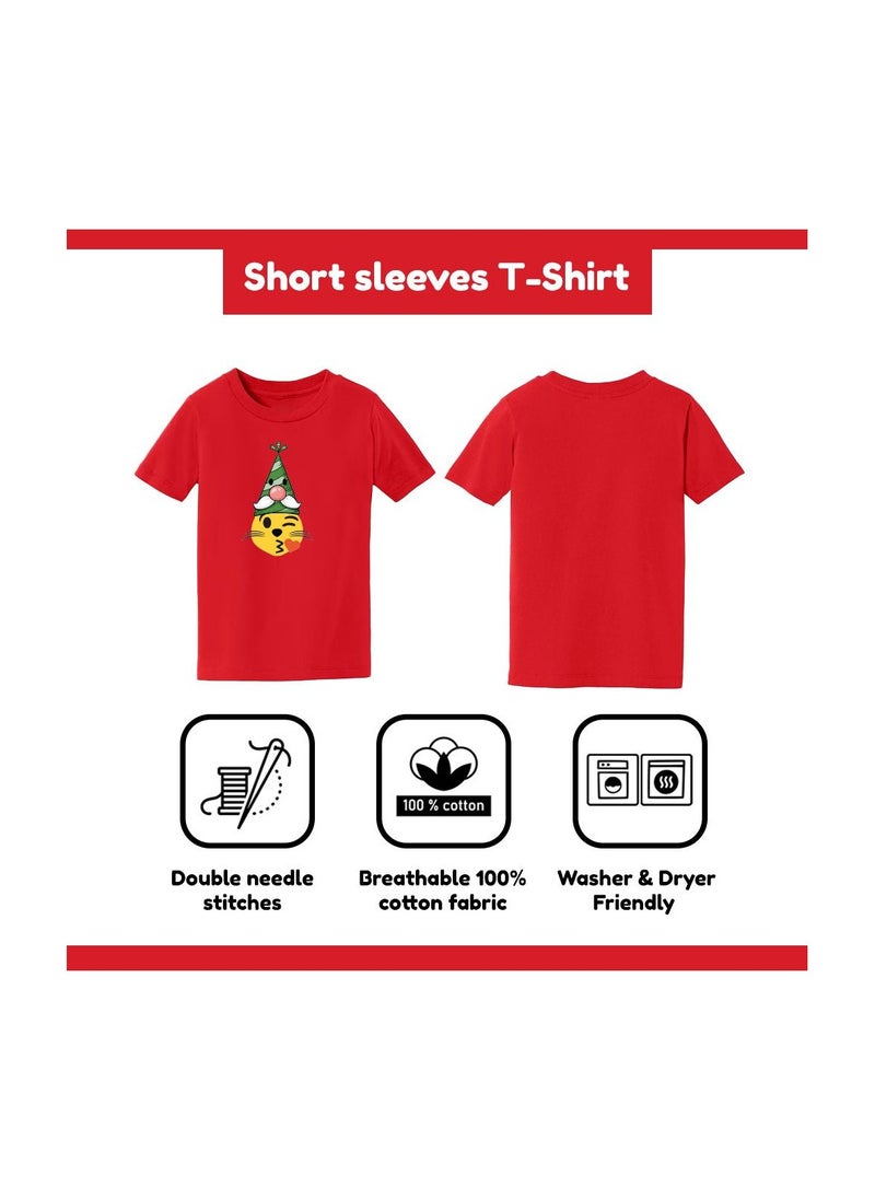 PRINTSHOP4ME - Christmas Emoji Kids Red T-Shirt For Girls–Soft Cotton Round Neck Short Sleeve T-Shirt With Smiley Face Emoji–Great For Parties - Image 1