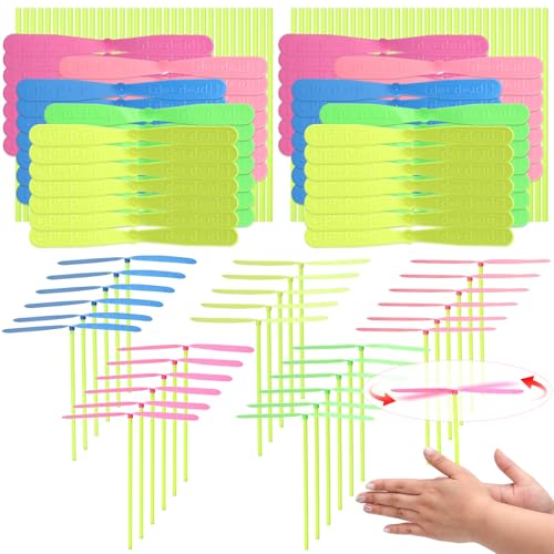DEARIDAP 200 Pcs Solid Color Hand Helicopter Set 100 Propellers 100 Rods Flying Helicopter Set Bamboo Dragonfly Hand Rub Plastic Propeller for Outdoor Activity Gifts Random 35 Color - Image 1