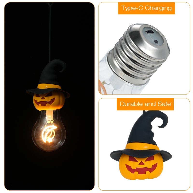 Halloween Decorative Light Bulb Rechargeable Light Bulb with Silicone Hanging Rope Pumpkin Head Witch Hat Moon Star Filament Warm White Light 3 Levels of Brightness Adjustable, 1 Pack - Image 4