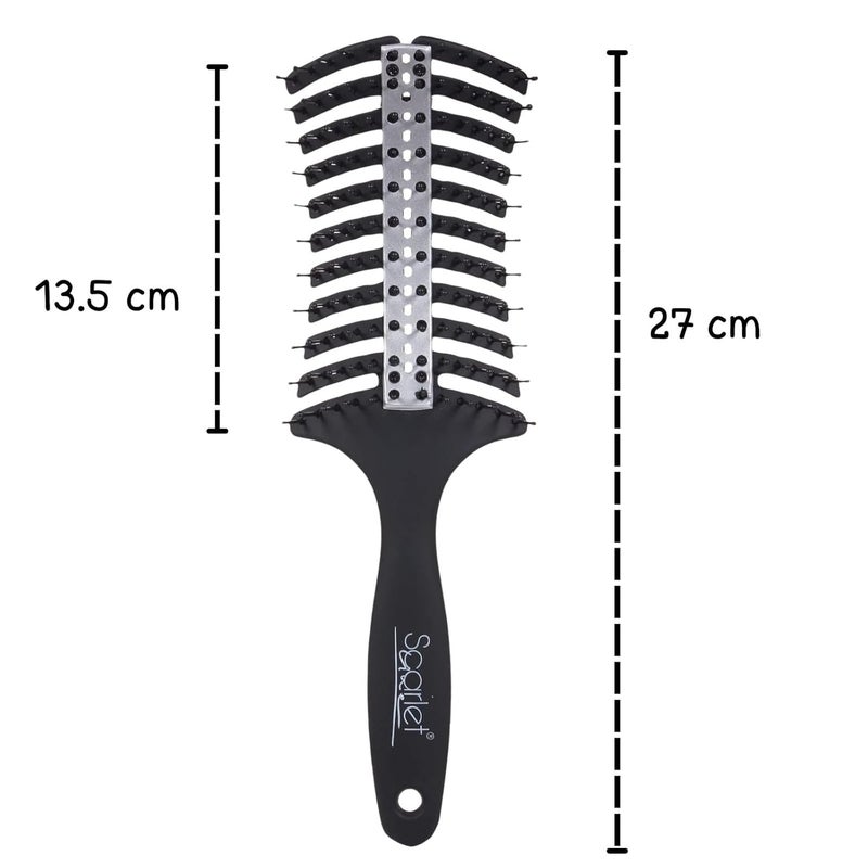 Scarlet Line Professional 12 Rows Curved Shape Ball Tip Bristles Pro Air Vented Flat Hair Styling Brush with Plastic Handle For Men n WomenBlack - Image 2