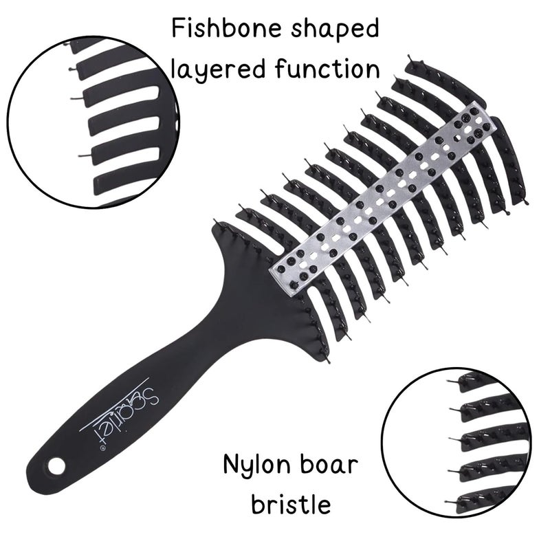 Scarlet Line Professional 12 Rows Curved Shape Ball Tip Bristles Pro Air Vented Flat Hair Styling Brush with Plastic Handle For Men n WomenBlack - Image 3
