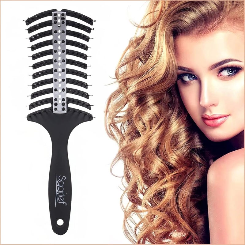 Scarlet Line Professional 12 Rows Curved Shape Ball Tip Bristles Pro Air Vented Flat Hair Styling Brush with Plastic Handle For Men n WomenBlack - Image 4