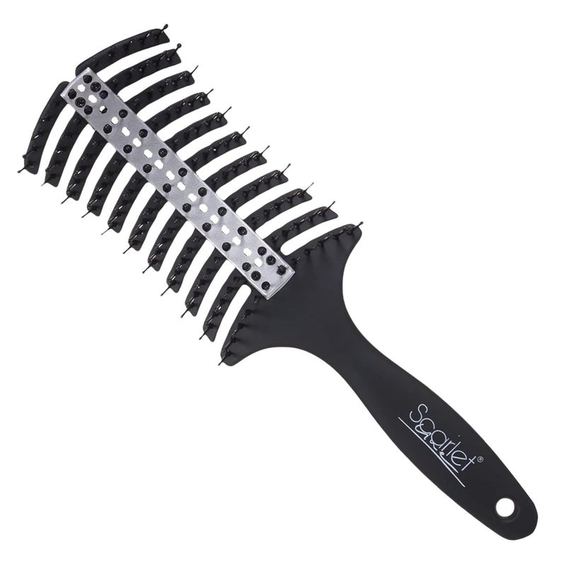 Scarlet Line Professional 12 Rows Curved Shape Ball Tip Bristles Pro Air Vented Flat Hair Styling Brush with Plastic Handle For Men n WomenBlack - Image 1