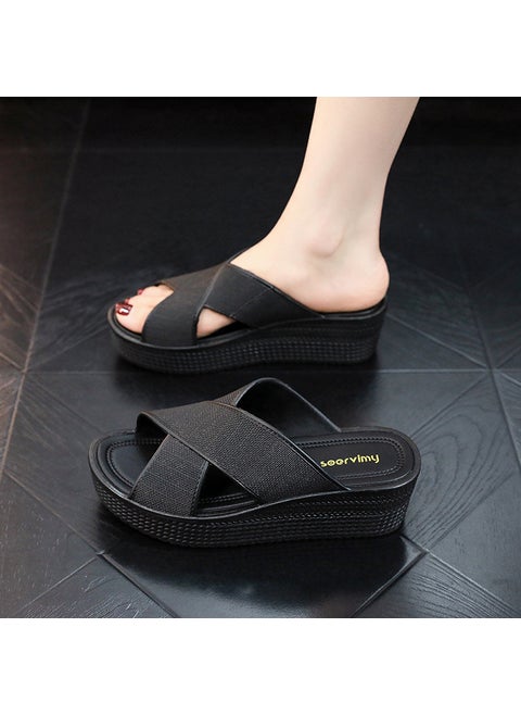 New Wedge Slippers Summer Casual High-Heel Womens Flip-Flops Black