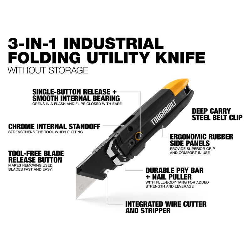ToughBuilt â€“ Prybar Utility Knife, Heavy-Duty Folding Utility Knife with Built-In Prybar, Scraper Edge, Wire Cutter, and Quick-Change Blade Release, All-Metal Construction (TB-H4-12-I) - Image 3