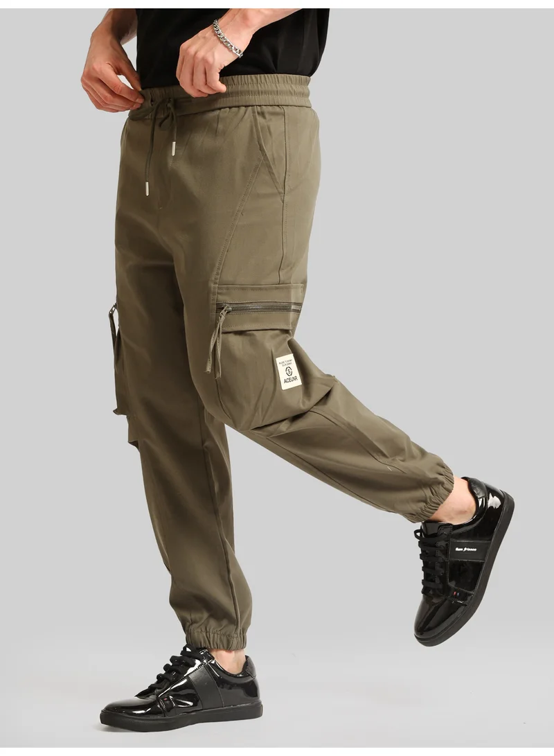 مانياك Maniac Mens Solid Green Cotton Blend Cargo Pant