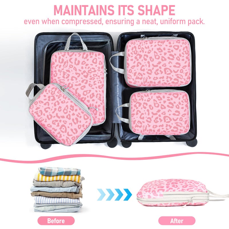 Lemoobolsa 4 Set Compression Packing Cubes For Travel Bags Organizer For Luggage Suitcase Organizer, Compression Bags For Travel Accessories Luggage Storage Set (4 Pcs, Pink Leoparda) - Image 5
