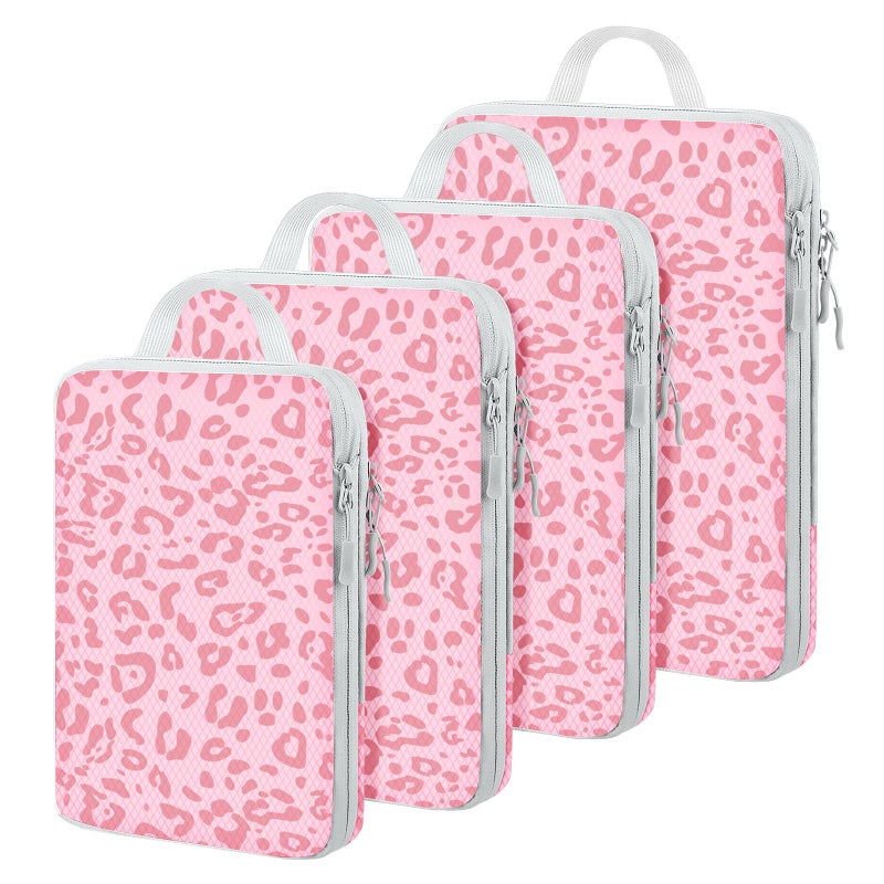 Lemoobolsa 4 Set Compression Packing Cubes For Travel Bags Organizer For Luggage Suitcase Organizer, Compression Bags For Travel Accessories Luggage Storage Set (4 Pcs, Pink Leoparda) - Image 1