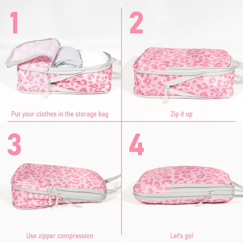 Lemoobolsa 4 Set Compression Packing Cubes For Travel Bags Organizer For Luggage Suitcase Organizer, Compression Bags For Travel Accessories Luggage Storage Set (4 Pcs, Pink Leoparda) - Image 3
