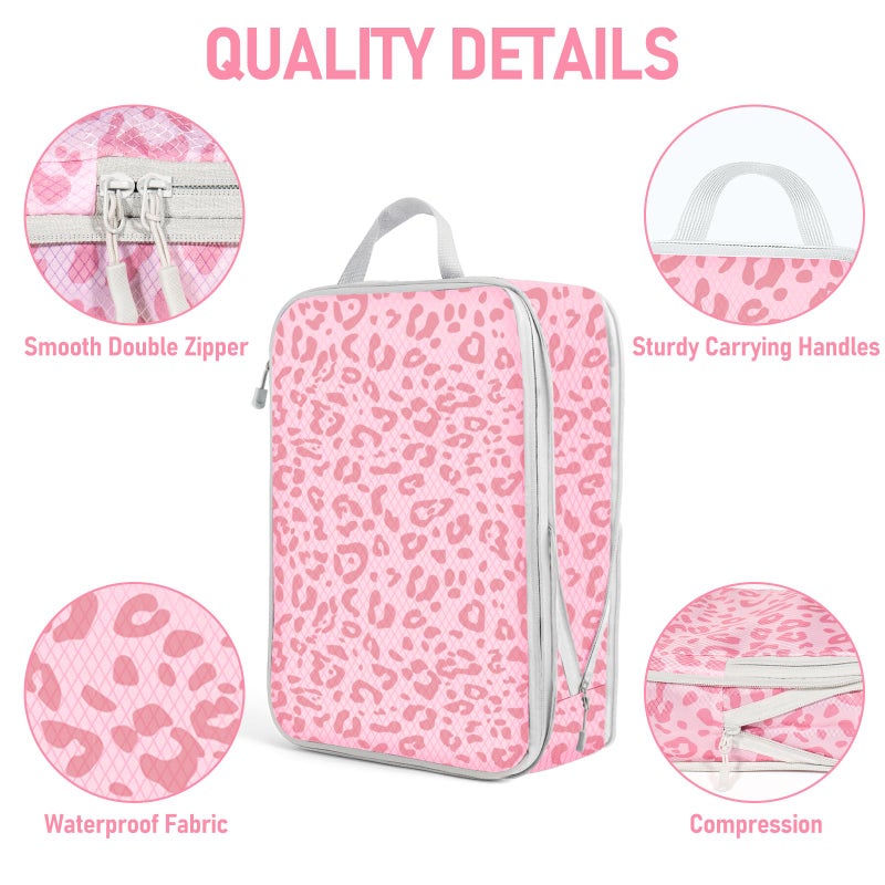 Lemoobolsa 4 Set Compression Packing Cubes For Travel Bags Organizer For Luggage Suitcase Organizer, Compression Bags For Travel Accessories Luggage Storage Set (4 Pcs, Pink Leoparda) - Image 4
