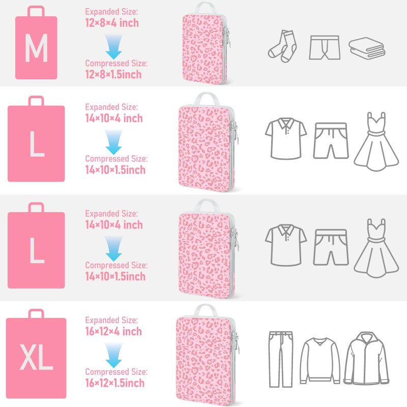 Lemoobolsa 4 Set Compression Packing Cubes For Travel Bags Organizer For Luggage Suitcase Organizer, Compression Bags For Travel Accessories Luggage Storage Set (4 Pcs, Pink Leoparda) - Image 2